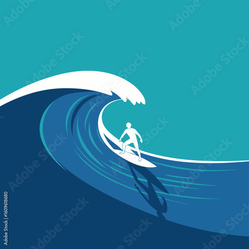 A white silhouette of a surfer riding a large stylized blue ocean wave.