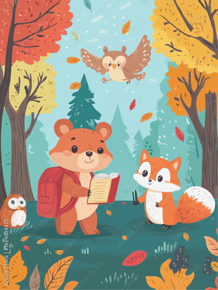Fototapeta premium Playful woodland animals carrying school items in a colorful fall setting, great for DIY printables and kids' craft projects