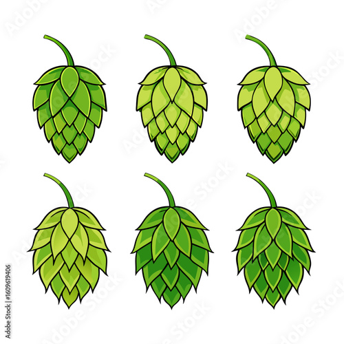 Six Green Hops Isolated on White Background A Collection of Cartoon Style Hop Cones Each with a Stem Displayed in Two Rows of Three for