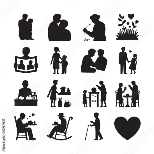 Collection of silhouette icons depicting family moments love and connection across generations celebrating life together