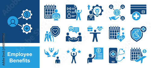 Bereavement, Wellness program, Professional Employee Benefits icon set. withdevelopment, Profit sharing, Saving account, Elder care, Legal assistance, Work life balance, Family health care.