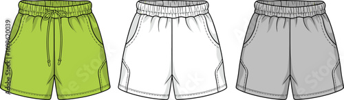 Elastic waist shorts in green, white, gray colors, drawstring design, fashion sketch, pocket details, textile template, apparel illustration