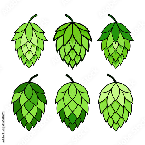 A collection of six stylized hop cones each rendered in varying shades of green and outlined in black arranged in a two by three grid