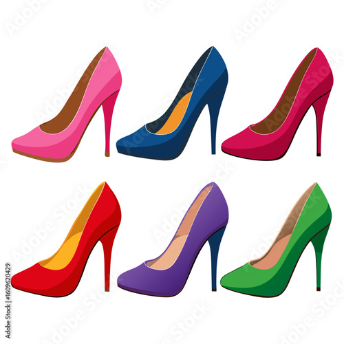 A collection of six high heel shoes in various colors including pink blue red purple and green arranged in two rows on a white background