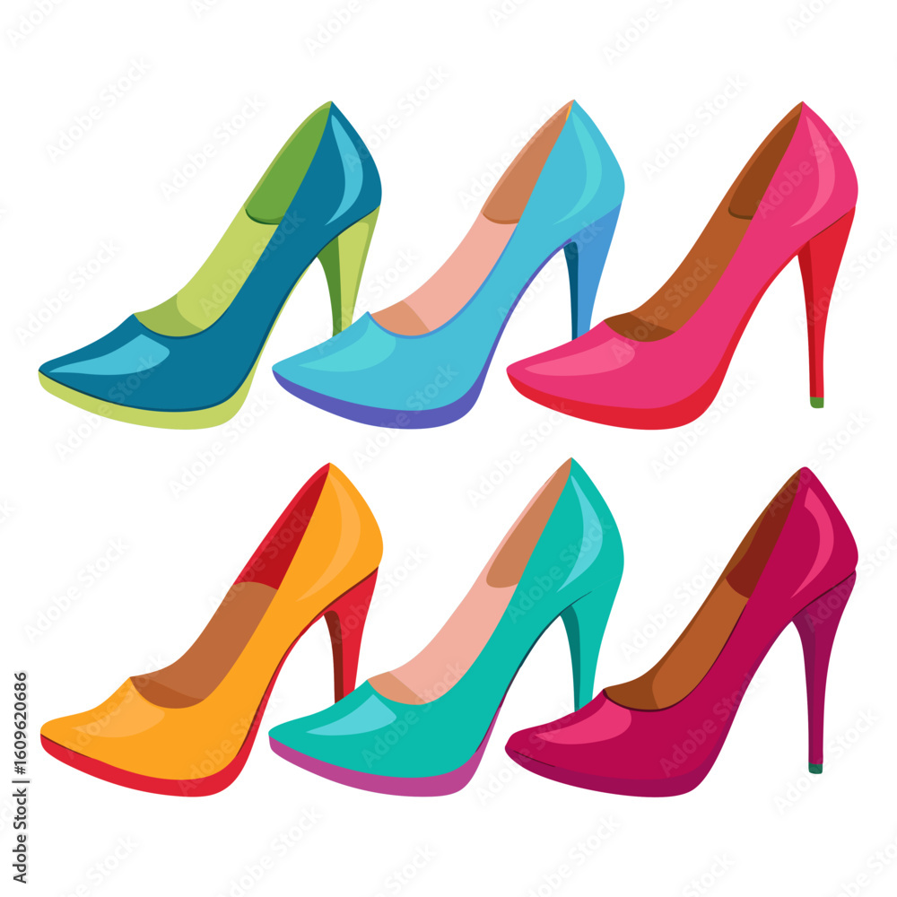 Naklejka premium Elegant Collection of Colorful High Heel Shoes A Fashionable Array of Footwear in Various Hues Perfect for Style Inspiration and Design Projects Showcasing Modern and