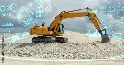 Modern excavator at a construction site with digital interface