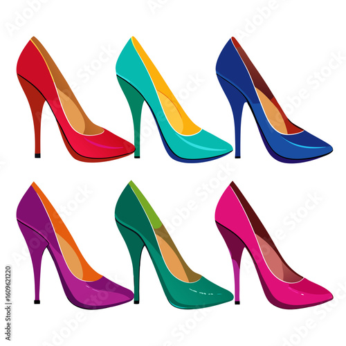 A vibrant collection of six high heel shoes in various colors arranged in a two row grid showcasing a stylish and colorful footwear assortment on