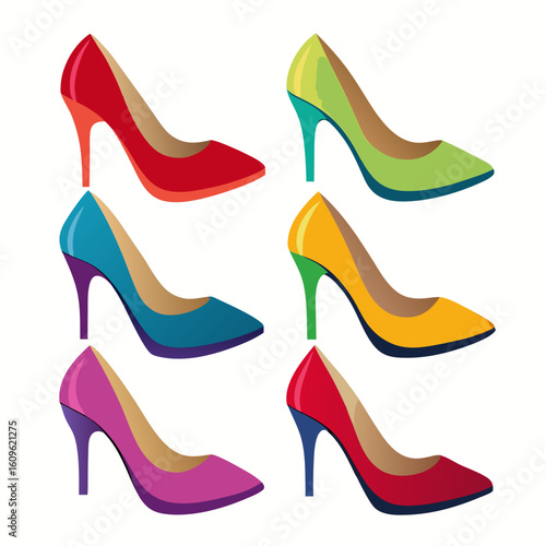 Colorful High Heel Shoes Illustration A vibrant collection of six stylish high heels in red green blue yellow pink and two tone designs perfect for
