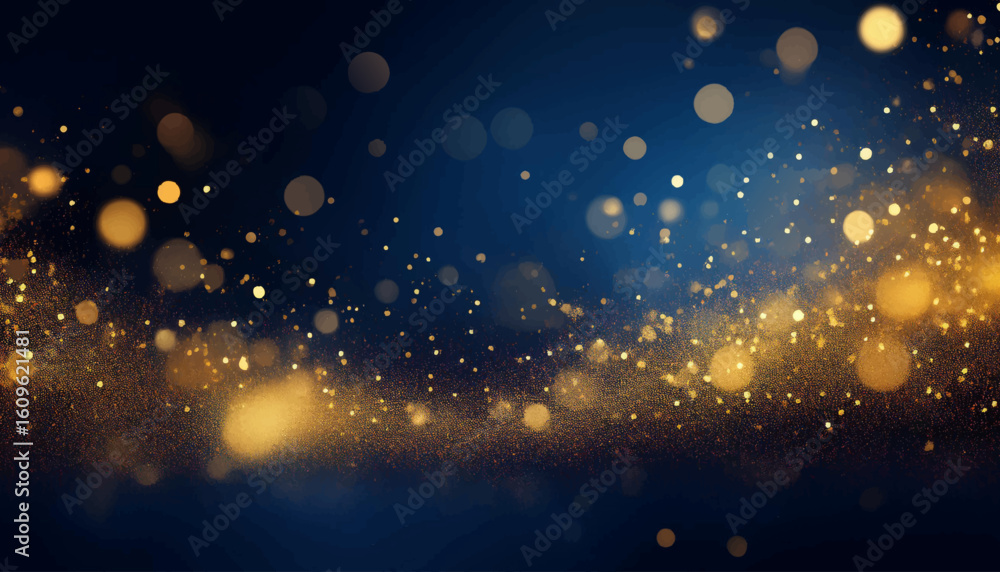 Elegant abstract background with dark blue and gold particles, Christmas golden light bokeh on navy blue, gold foil texture for holiday themes