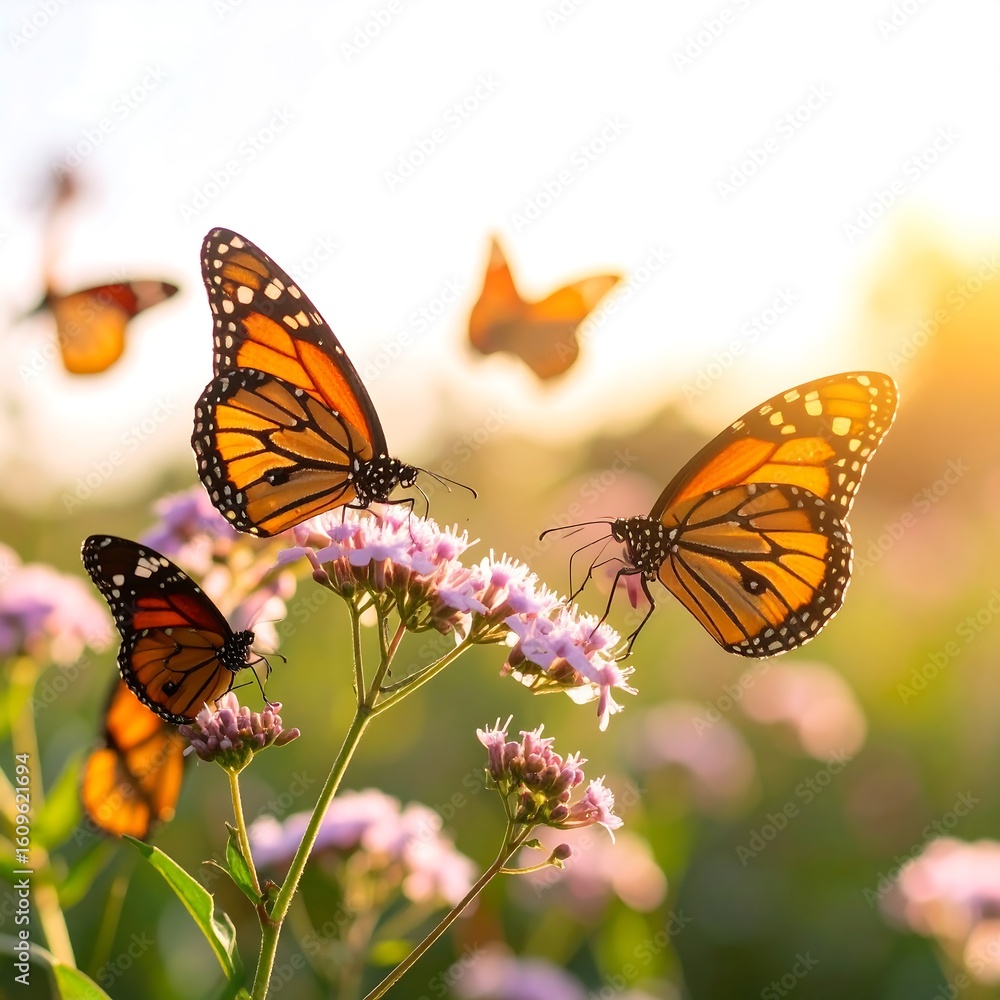 Naklejka premium Butterflies on flowers bathed in sunlight