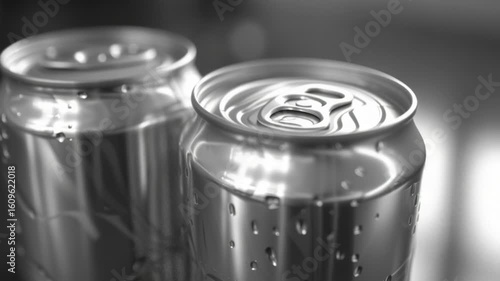 Close-up shot of two soda cans with labels and caps