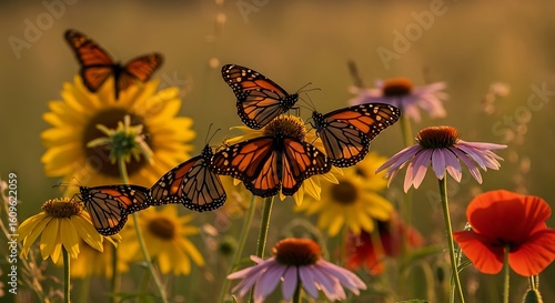 Monarch butterflies flit amongst colorful wildflowers.