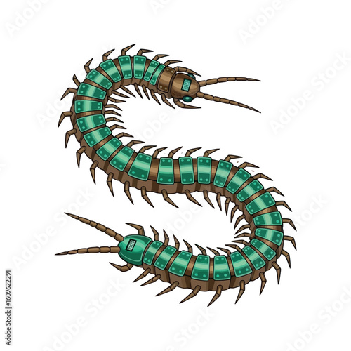 Detailed Pixel Art Illustration of an Emerald Green Centipede with Multiple Legs and Antennae in a Curled Pose