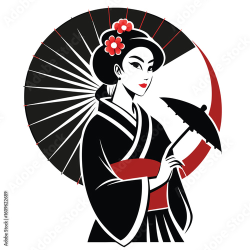 Graceful japanese geisha in traditional attire with parasol and decorative hair flowers against a white background