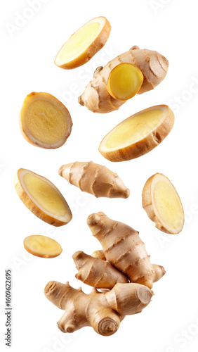 flying ginger and half slices isolated on transparent white background, clipping path