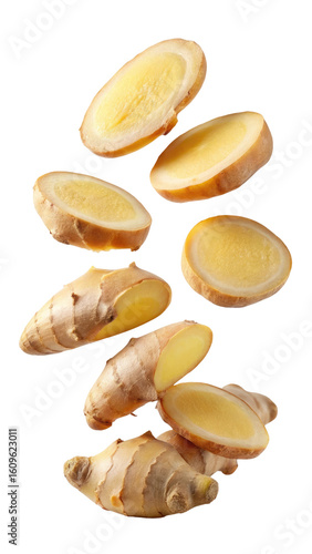 flying ginger and half slices isolated on transparent white background, clipping path