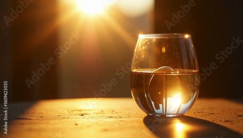 
A glass with a light drink standing on the surface. The drink is illuminated by bright sunlight, creating beautiful highlights and shadows. The sun's rays penetrate the glass, emphasizing its shape a