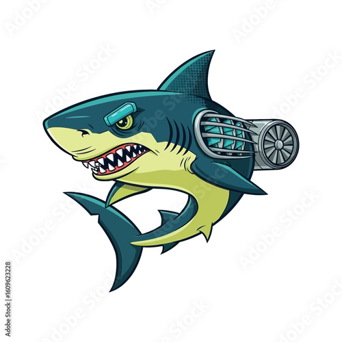 Fearsome Mechanical Shark with Jet Engine Fixture and Angry Expression Vector Sticker Design