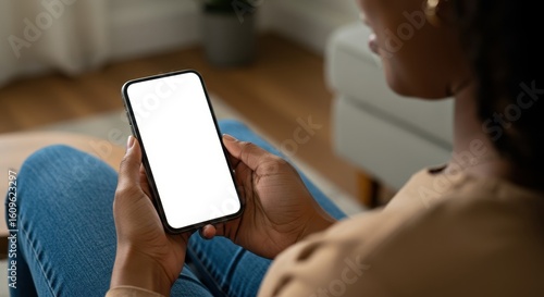 Woman Holding A Blank Smartphone Screen Indoors Closeup Perspective