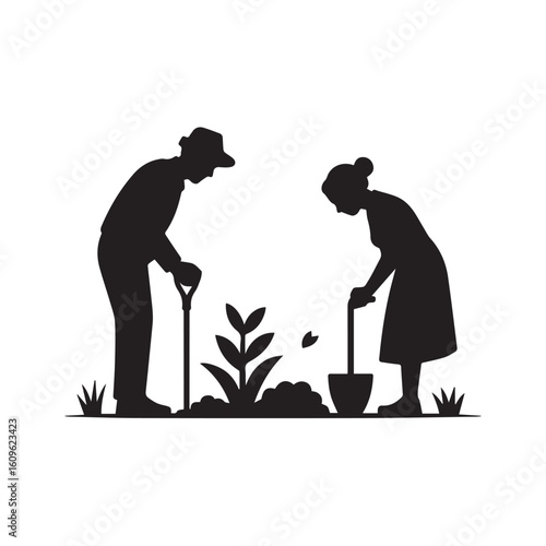 Silhouettes of an elderly couple planting a sapling together in a garden symbolizing growth and shared activity