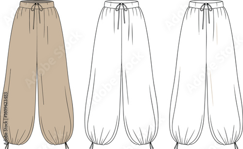 Loose-fit pants front and back view, elastic ankle cuffs, drawstring waist, fashion sketch, casual wear design, clothing illustration template