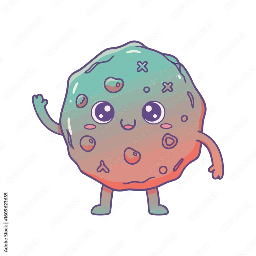 Obraz premium Cute Kawaii Asteroid Character Waving Hello Adorable Space Rock Cartoon Illustration