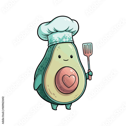 Cute Cartoon Avocado Chef Character with Heart and Spatula Vector Sticker Design