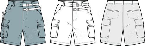 Men’s cargo shorts front and back view, blue color design, buckle belt, flap pockets, textile fashion sketch, apparel template