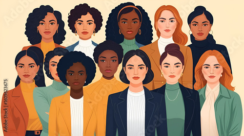 A group of women of different nationalities and appearance. A crowd of feminists and suffragettes. Girl power. Protest, fight for equal rights, against the glass ceiling and gender gap. March 8.