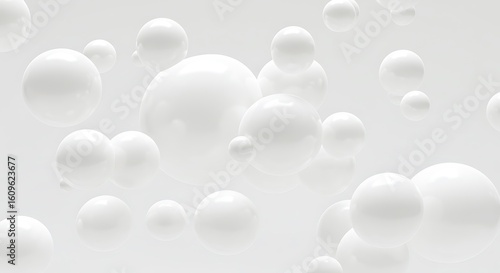 White glossy 3D spheres floating and merging like molecules on a light gray background.