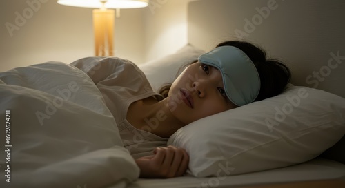 Woman Lying In Bed With Sleep Mask In A Dreamy Atmosphere