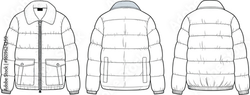 Puffer jacket front, back, side view, quilted design, zipper closure, flap pockets, ribbed hem, large collar, winter fashion apparel