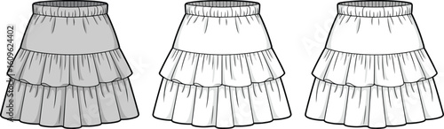 Ruffled tiered skirts front view, elastic waistband detail, grayscale fashion sketch, layered textile design, stylish clothing template, garment illustration