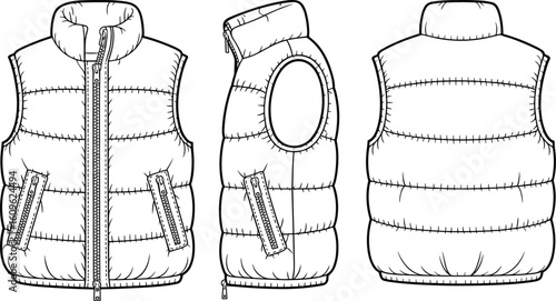 Puffer vest design, quilted pattern, high collar, zippered front, side view, armhole detail, back view, technical sketch, winter apparel