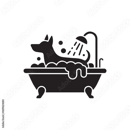 Stylized silhouette icon of a happy dog enjoying a relaxing bubble bath in a clawfoot tub with a shower head spraying water