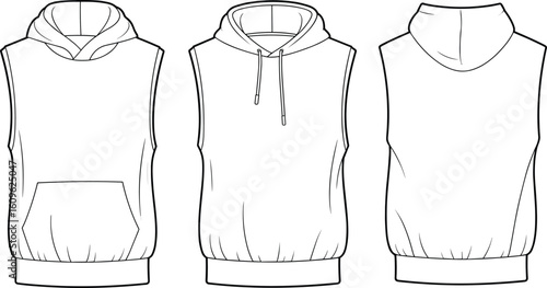 Sleeveless hoodie front, back view, kangaroo pocket, drawstring hood, casual fashion, clothing sketch, urban style, apparel design, garment illustration