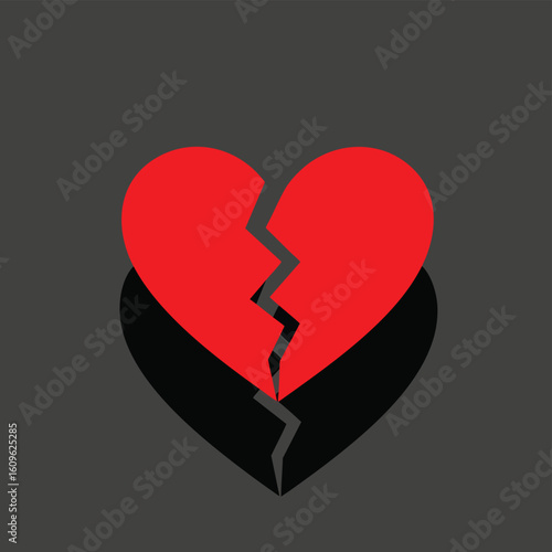 Minimalist graphic of a red broken heart with a black shadow.