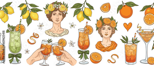 Aperol cocktail set, vector watercolor alcohol drinks print collection, Italian summer orange glass. Hand drawn fresh beverages bar illustration, citrus fruit, straw, ribbon bow