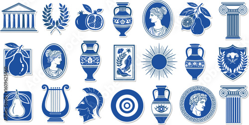 Greek mediterranean ancient print set, vector hand drawn summer vacation retro design object kit.