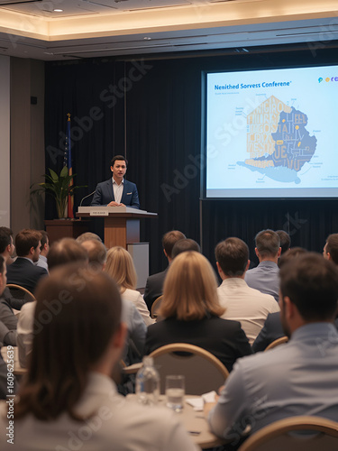 Keynote speaker delivering a presentation to an attentive audience at a B2B conference