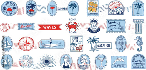 Summer travel postage stamp set, vector hand drawn engraving exotic