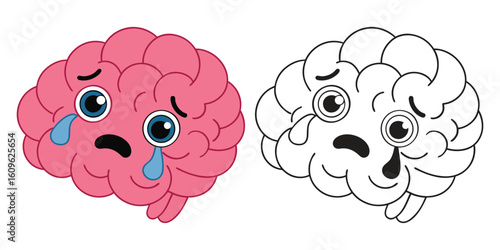 Cartoon brain character expresses sadness with large tears rolling down vector illustration