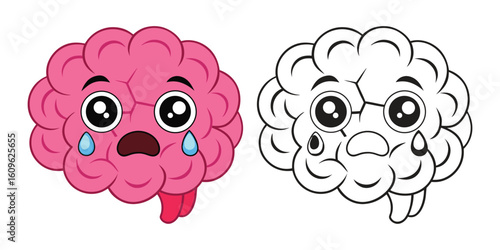 Cartoon brain character expresses sadness with large tears rolling down vector illustration