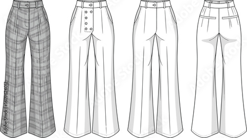 Wide-legged pants front and back design, button closure styles, plaid and solid patterns, fashion sketch, clothing template, textile illustration