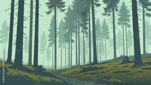 Beautiful forest landscape scenery with tall pine trees and green grass vector illustration design art