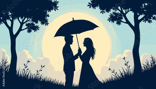 Couple smiling under umbrella in silhouette against full moon  