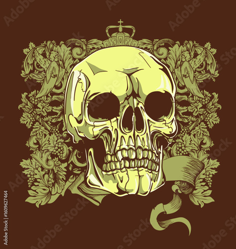 Gothic grunge vector art features a scary human skull illustration with a black bone pattern, symbolizing death and evil