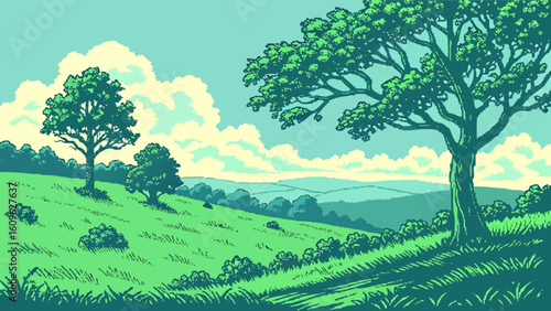 Green landscape painting of nature scenery with trees and hills digital art vector illustration