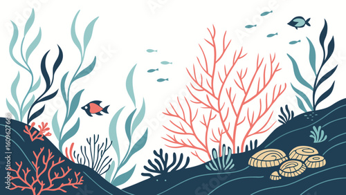 Ocean life illustration with coral reef fish and seaweed underwater marine ecosystem landscape background scene