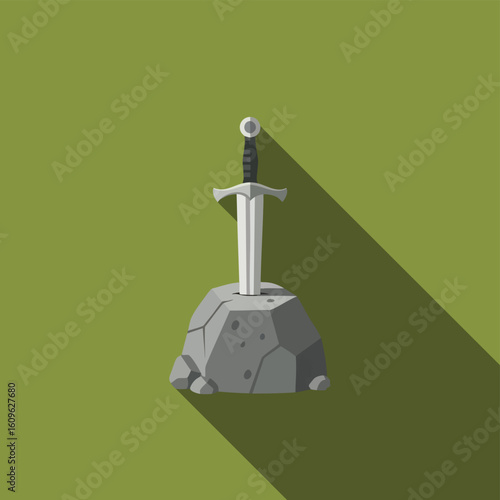 Iconic Sword in Stone Flat Design Illustration with Long Shadow.
